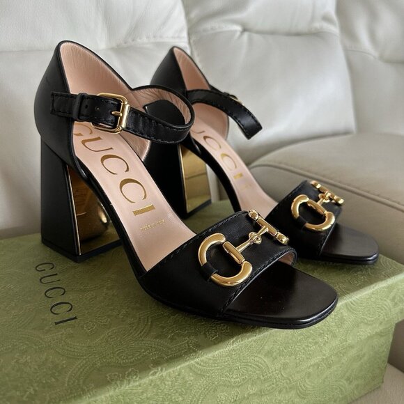 NEW GUCCI JUMBO HEELS HORSEBIT BLACK LEATHER GOLD SZ 38.5 Sandals Shoes - Picture 4 of 13